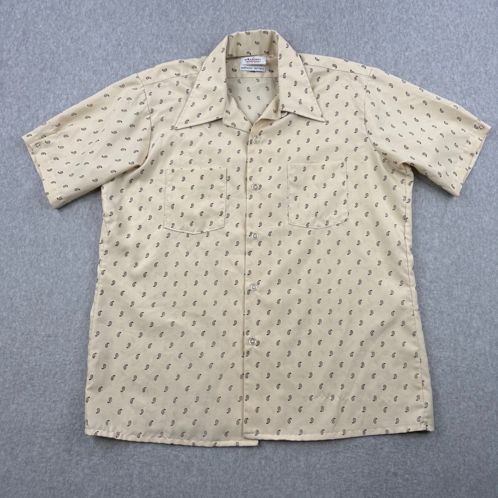 Vintage Arrow Sportswear Shirt Mens Large Beige Paisley 70s Loop Collar Camp